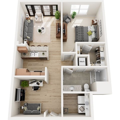 Floor plan for 1 bed, 1 bath, 876 sqft